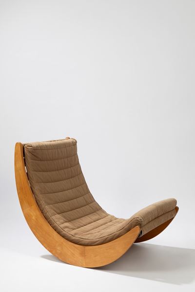 Relaxer 2, dondolo in legno d'acero curvato con rivestimento in tessuto Missoni