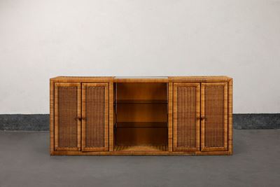 Credenza in midollino con piani in vetro, circa 1970