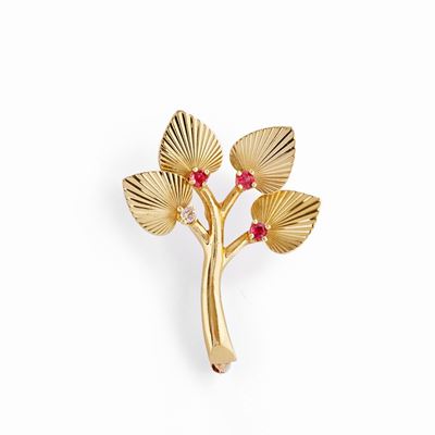 Spilla in oro giallo 14k con rubini e diamante