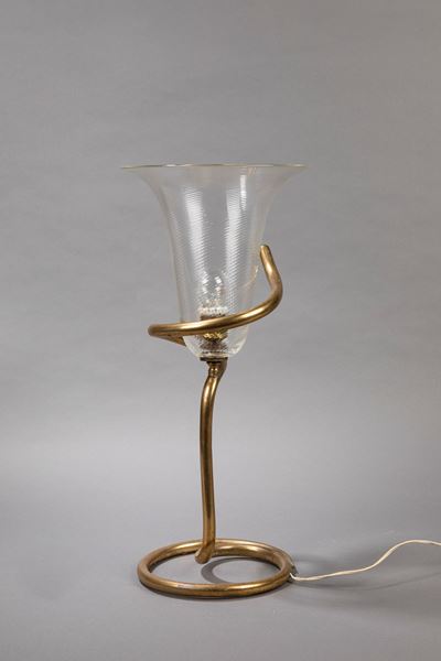 Lampada da tavolo in ottone con diffusore in vetro di Murano