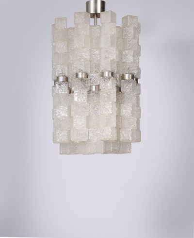 Lampadario in vetro ghiaccio e metallo cromato, 1970 circa