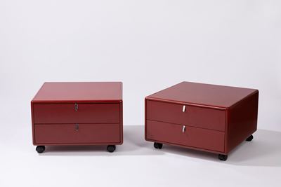 Due comodini in legno laccato e metallo, 1970 circa