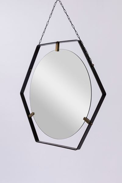 Specchio esagonale in ottone e vetro, 1960 ca.