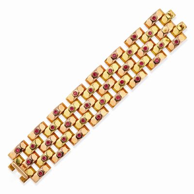 Bracciale in oro bicolore 18k e platino con rubini sintetici, circa 1940