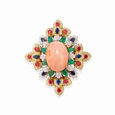 Spilla in oro bicolore 18k con corallo, smeraldi, zaffiri, rubini e diamanti