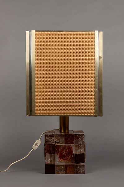 Lampada da tavolo in vetro e paglia di Vienna