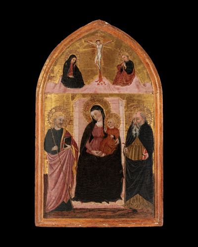 Sconosciuto, Vergine con Bambino in trono, Sant'Antonio Abate e altro Santo, sormontati da crocif...