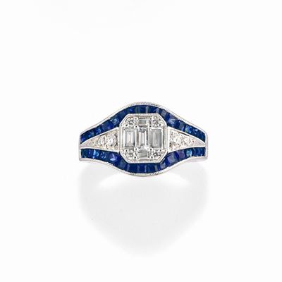 Anello con zaffiri e diamanti, oro bianco 18k
