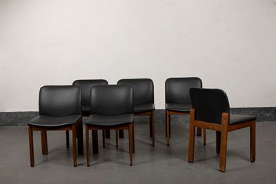 Sedie, set di sei, legno di frassino con rivestimento in vinilpelle, 1970 circa
