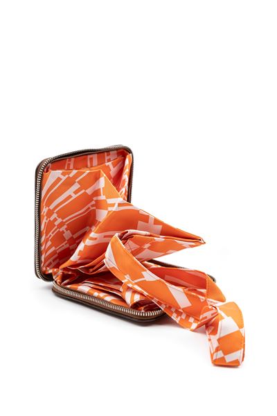 Borsa Silkypop, seta bianca e arancione con astuccio in pelle marrone