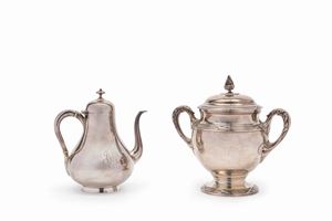 Silver sugar bowl and coffee pot