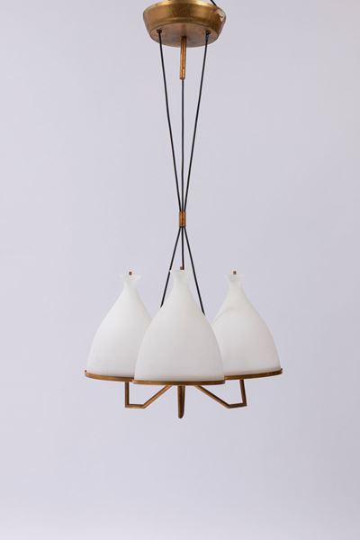 Lampadario a tre luci in metallo e ottone, circa 1950