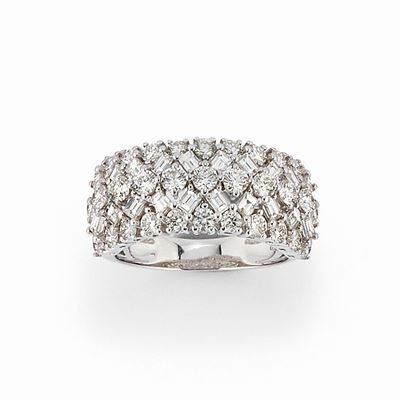 Anello in oro bianco 18k con diamanti taglio brillante e baguette, ct 3,00 circa