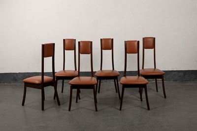 Sei sedie, legno e pelle imbottita, serie Programma S11