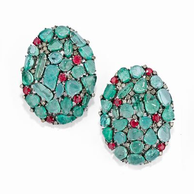 Orecchini in argento e oro 14k/18k con smeraldi, rubini e diamanti