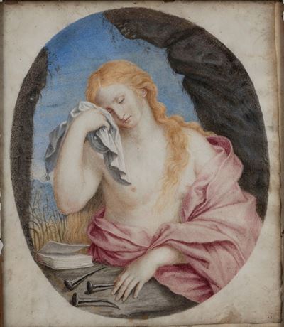 Maddalena penitente, tempera su pergamena in ovale dipinto