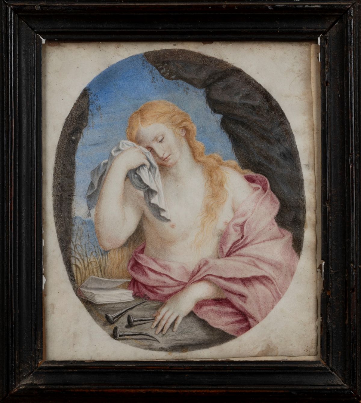 Scuola Emiliana, Secolo XVII - Maddalena penitente, tempera su pergamena in ovale dipinto