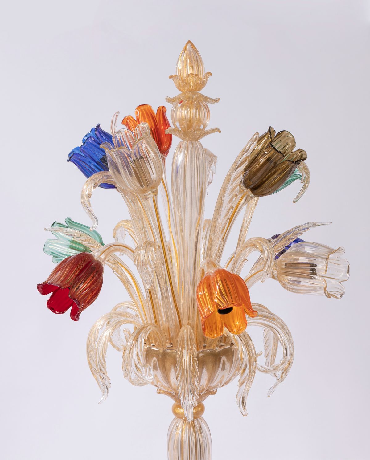 Archimede Seguso - Lampada da terra in vetro soffiato con avventurina e decorazioni floreali