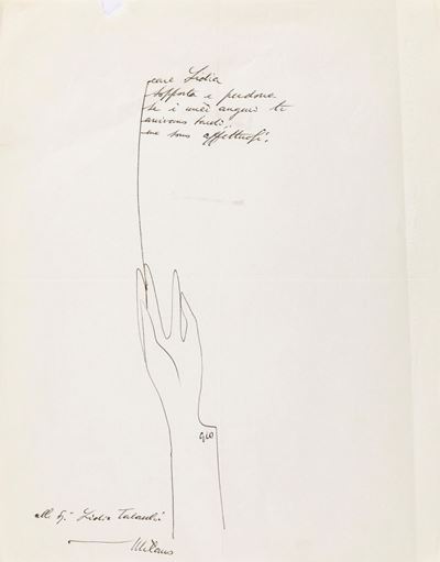 Biglietto di auguri con dedica a Lidia Tabacchi, inchiostro su carta