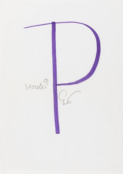 Calligramma, inchiostro nero e pennarello viola su carta