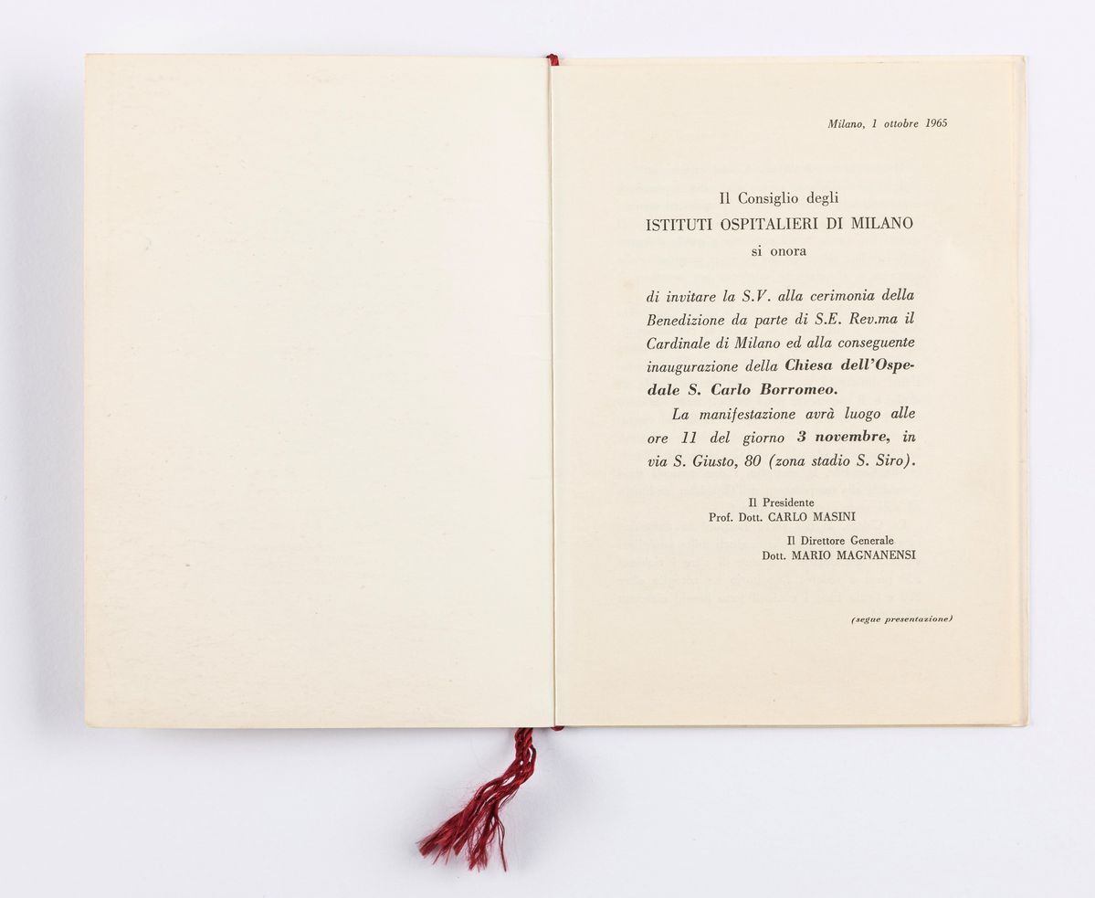 Gio Ponti - Invito per l’inaugurazione della Chiesa dell’Ospedale S. Carlo Borromeo, 1965