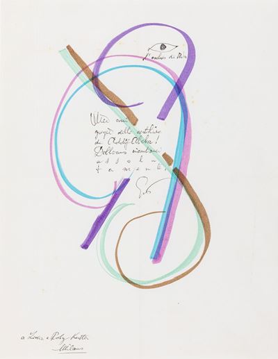 Calligramma, inchiostro nero e linee policrome su carta, 1960 ca.