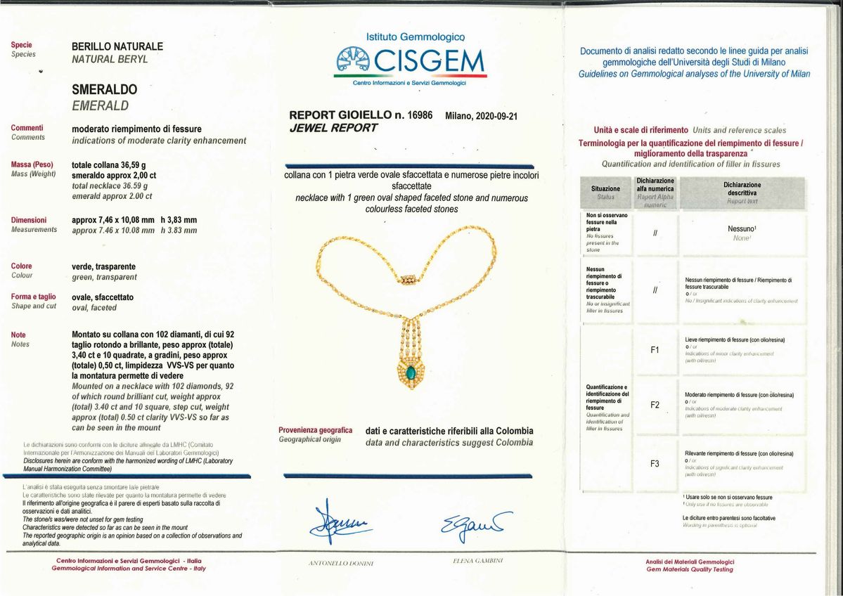 Collana in oro giallo 18k con smeraldo di Colombia e diamanti