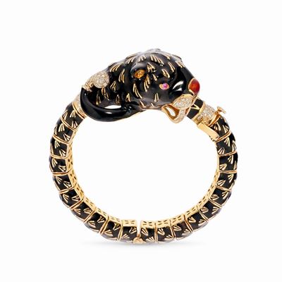 Bracciale pantera in oro giallo 18k con rubini e diamanti