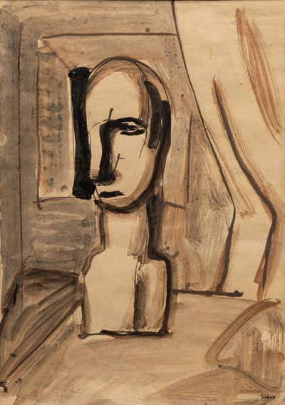 Interno e busto, tempera e china su carta