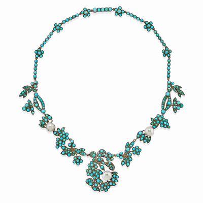 Collana in oro bassa caratura e argento con turchesi e perle naturali, XIX secolo