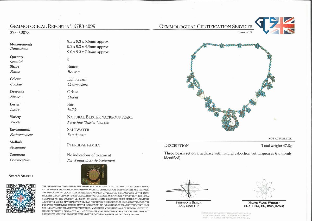 Collana in oro bassa caratura e argento con turchesi e perle naturali, XIX secolo
