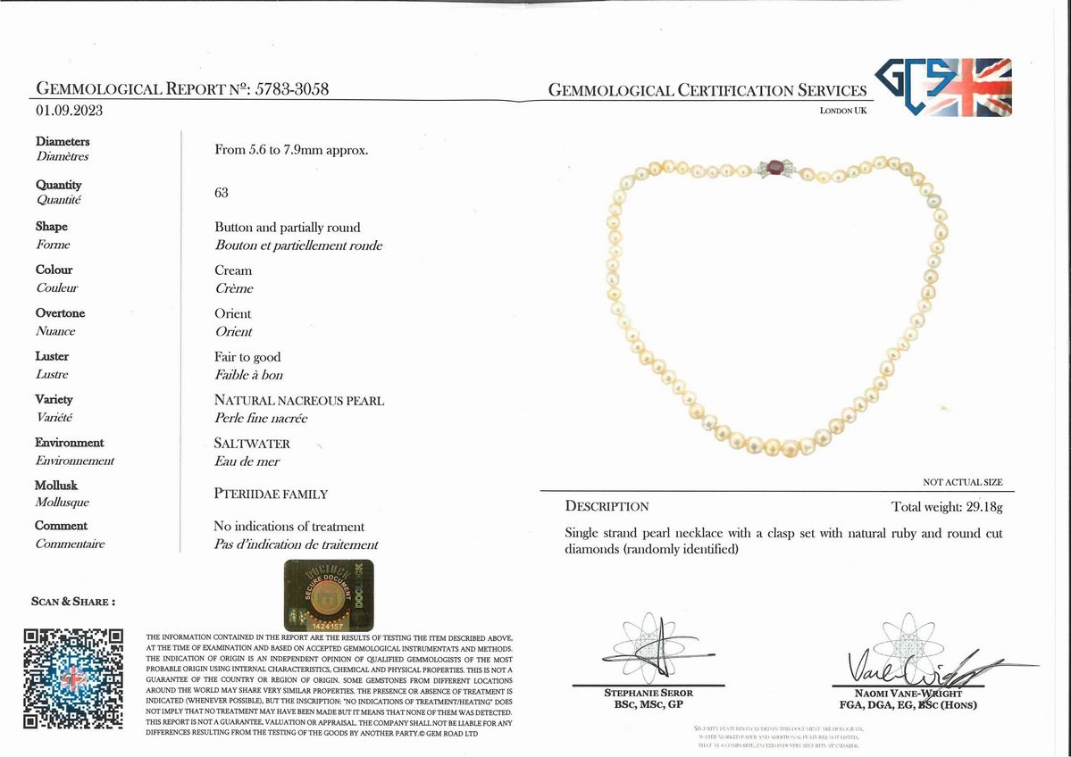 Collana di perle naturali in oro bianco 18k con rubino e diamanti