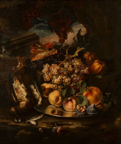 Natura morta di frutta su piatto d'argento con elementi architettonici entro paesaggio, olio su t...