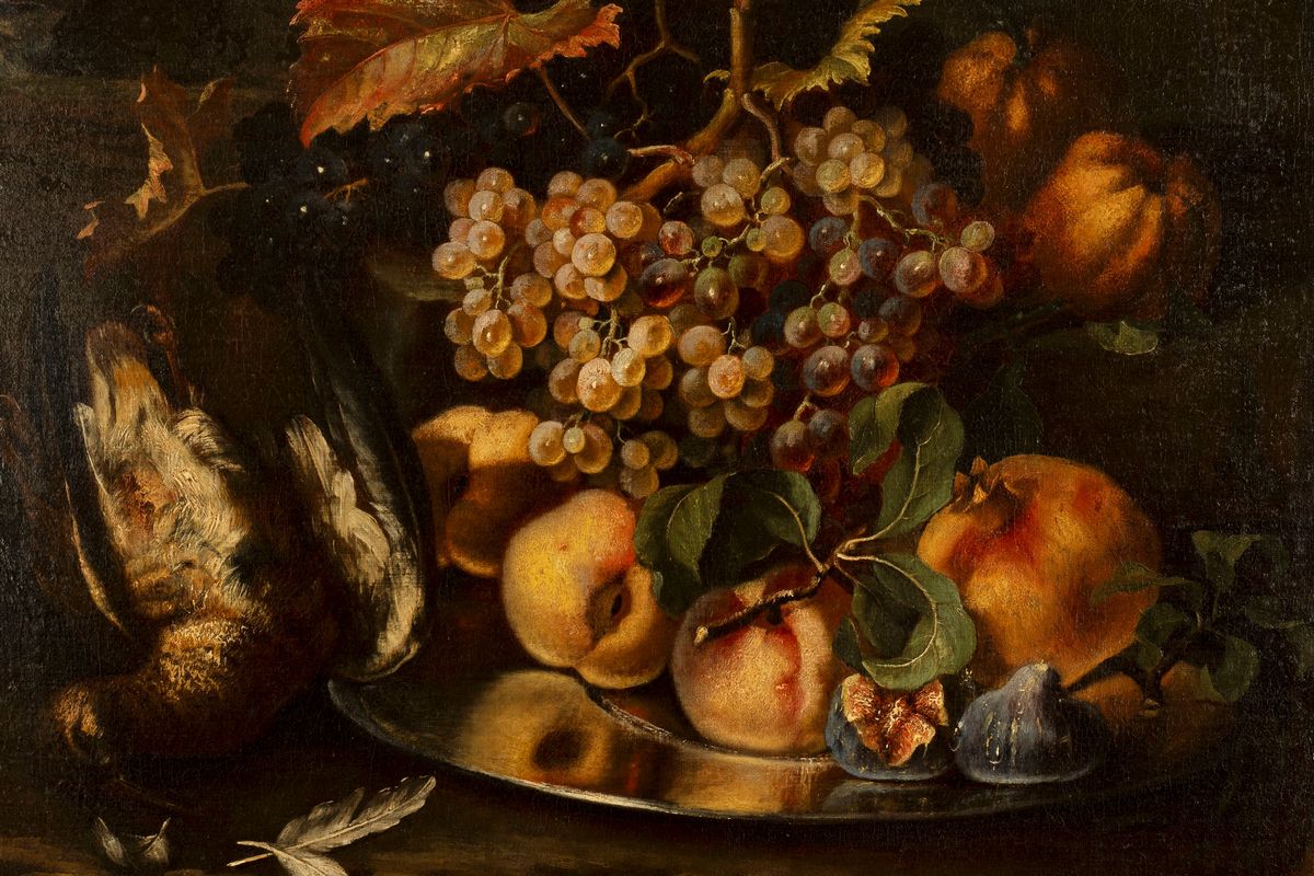 Pietro Navarra (attivo a Roma tra il 1685 e il 1714) - Natura morta di frutta su piatto d'argento...