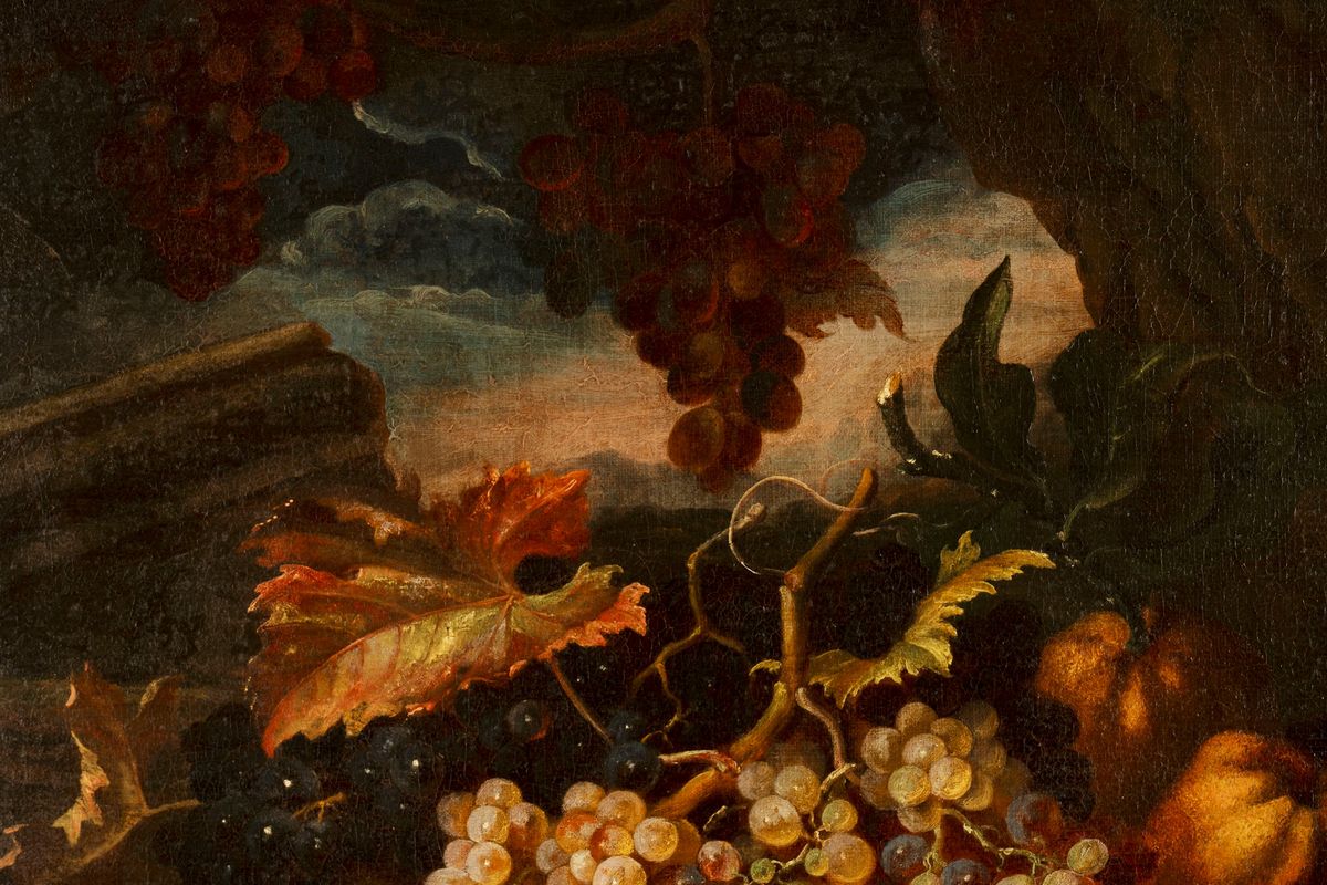 Pietro Navarra (attivo a Roma tra il 1685 e il 1714) - Natura morta di frutta su piatto d'argento...