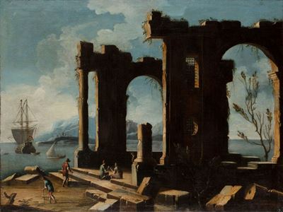 Paesaggio costiero con rovine e figure, olio su tela