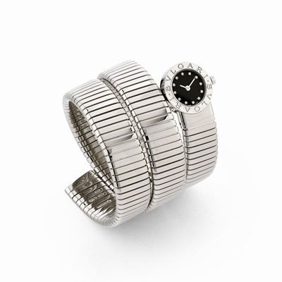 Orologio 'Serpenti' in acciaio con quadrante nero e indici in diamanti