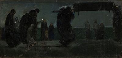 Il funerale, olio su cartone