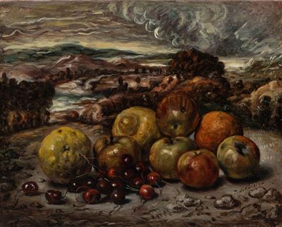 Frutta nel paesaggio, olio su tela, cm 40 x 50, 1950