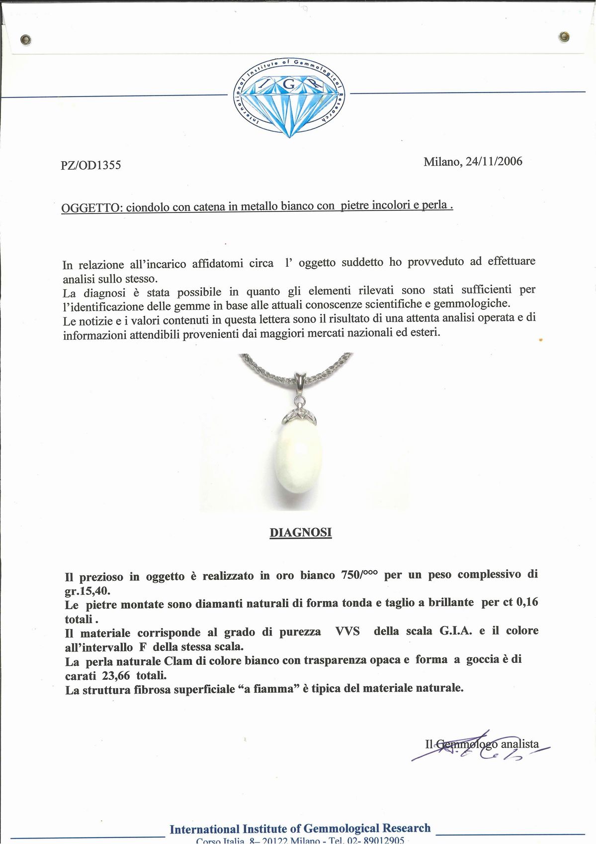 Parure in oro bianco 18k con perle naturali Clam e diamanti