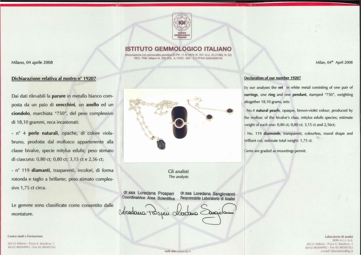 Parure in oro bianco 18k con perle naturali e diamanti