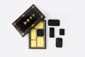  - Set composed of five calligraphy ink tablets in a lacquer case, China, early 20th century