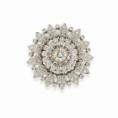 Spilla-pendente in oro bianco 18k con motivo floreale e diamanti