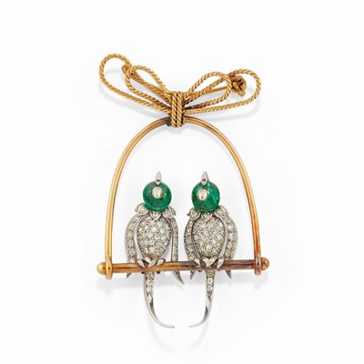 Spilla con smeraldi e diamanti, oro 18k e platino