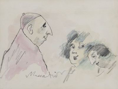 Renzo, Lucia e il Cardinale, tecnica mista su carta