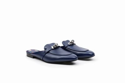 Ciabattine OZ, in pelle blu indigo con fodera in cotone stampata