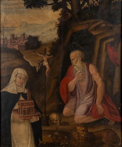 Scuola dell'Italia settentrionale, San Girolamo penitente e Santa Domenicana in un paesaggio, oli...