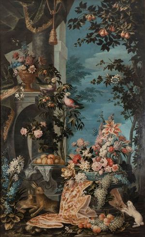 Scuola lombarda, secolo XVIII - Flowers and fruit in an Italian garden with bunnies and parrots