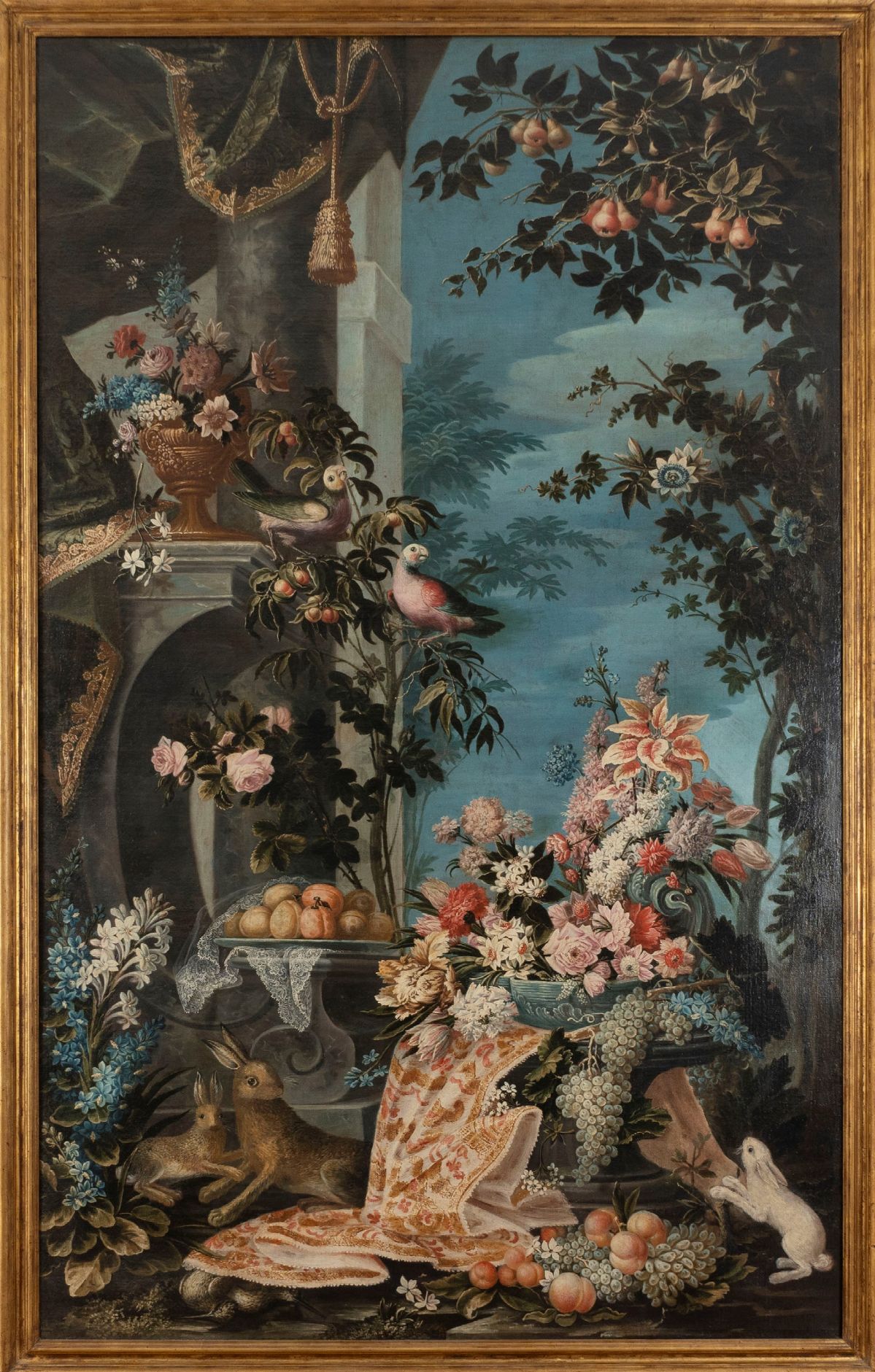 Scuola Lombarda, Secolo XVIII - Autore Ignoto, Trionfo di fiori e frutta in giardino all'italiana...