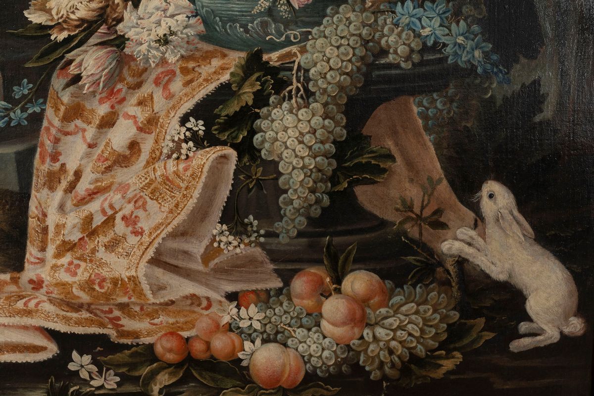 Scuola Lombarda, Secolo XVIII - Autore Ignoto, Trionfo di fiori e frutta in giardino all'italiana...